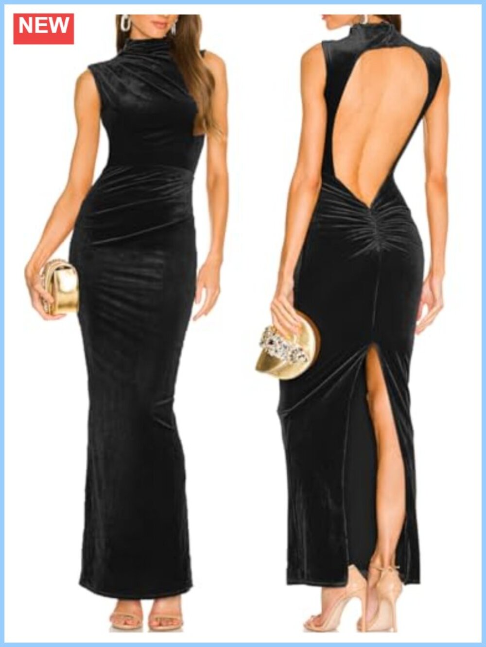 Backless Velvet Bodycon Maxi Dress High Neck Ruched Slit Party